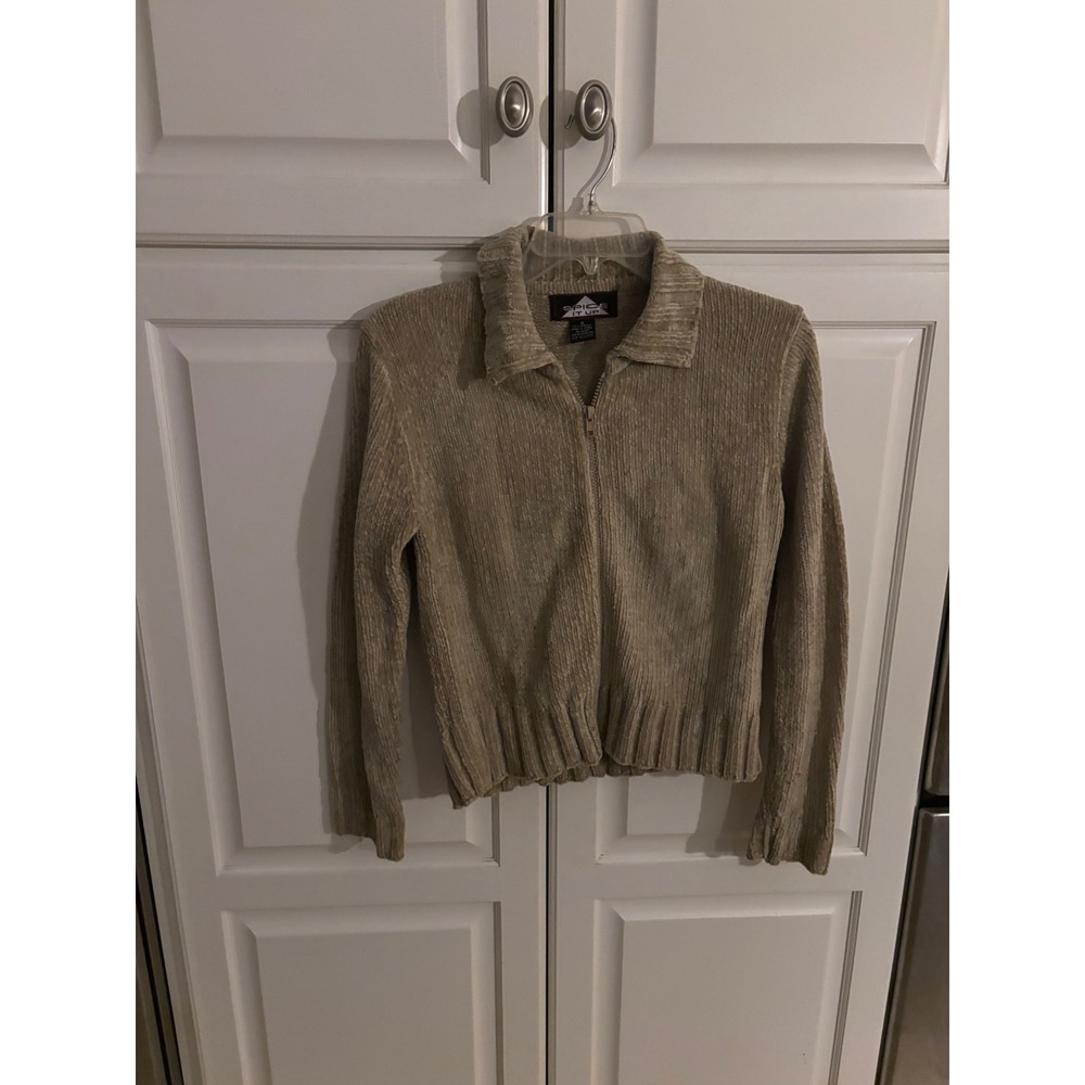 Spice‎ It Up Vintage Tan Ribbed Zip Up Cardigan Sweater Small Acrylic Knit Taupe